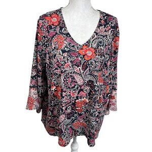 J Jill Women's 2X Woven Lightweight Popover Blouse Pink Coral Paisley Floral EUC